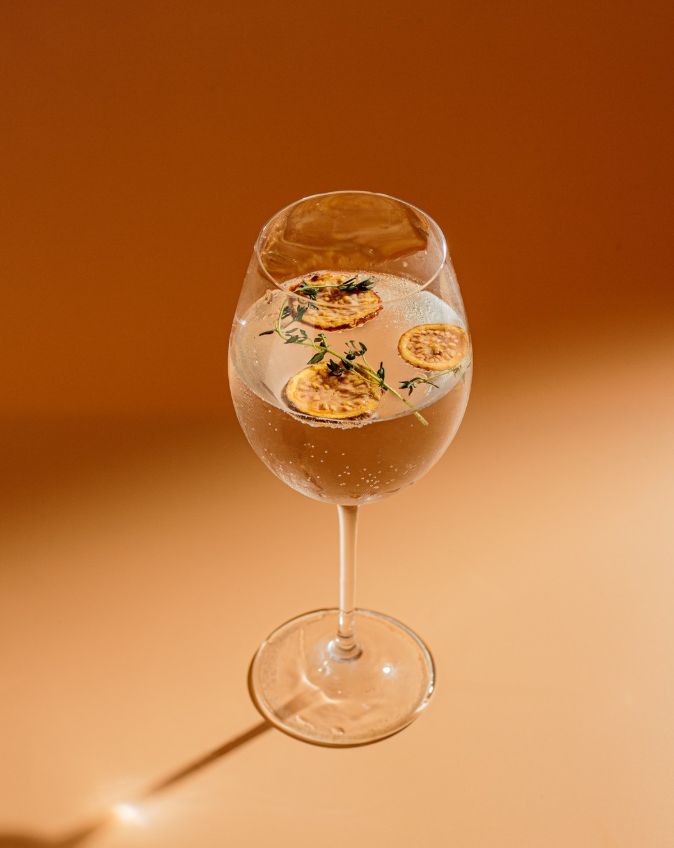 Copa de vino espumoso con cítrico deshidratado